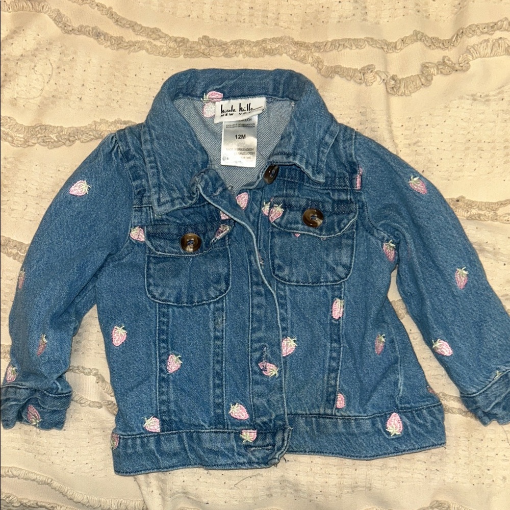 Nicole Miller Blue Jean Jacket with Pink Strawberry Design